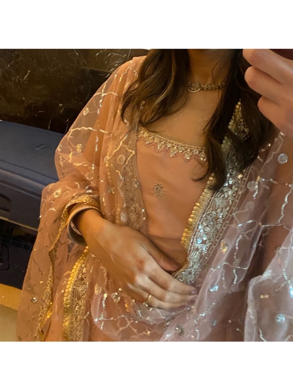 Dusty Peach Embroidered Women's Lehenga Set with Dupatta - Picture 7 of 10